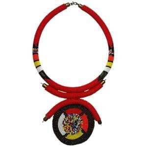 African Seed Bead Beaded Pendant Choker Necklace Red Yellow Black Tribal Jewelry